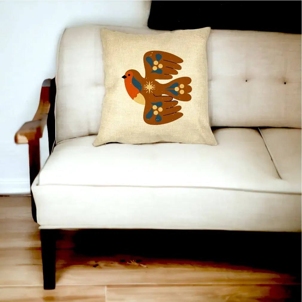 Perna Decorativa Patrata Pasare, 40x40 cm, Crem, Husa Detasabila, Perna Inclusa, BEKZ®