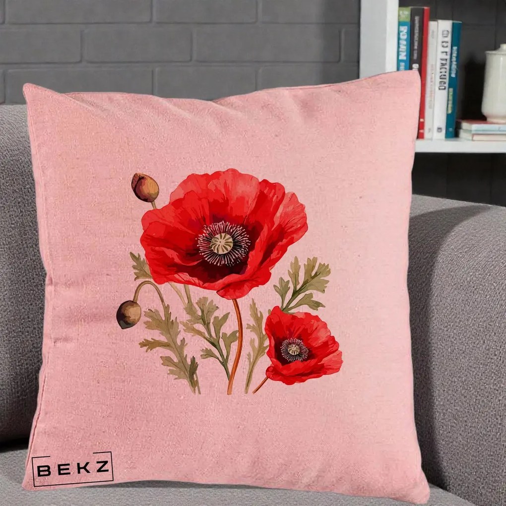 Perna Decorativa Maci Rosii Acuarela, 40x40 cm, Roz, Husa Detasabila, Perna Inclusa, BEKZ®