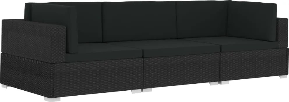 vidaXL Set mobilier de grădină cu perne, 3 piese, negru, poliratan