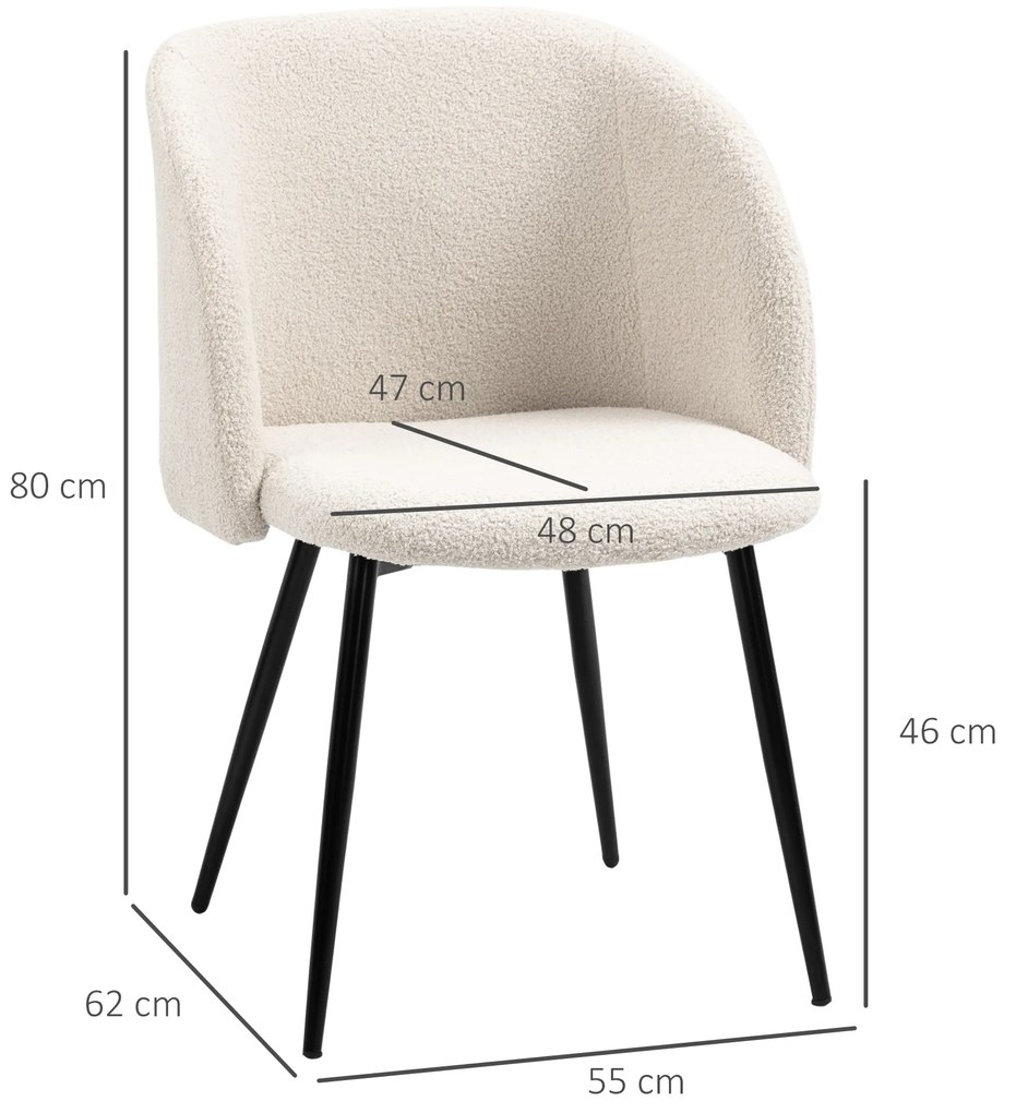 HOMCOM Lot de 2 scaune de sală de mese cu spătar din material textil efect lână buclată și picioare din oțel 55 x 62 x 80 cm bej negru | Aosom Romania
