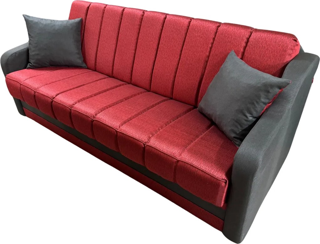 Canapea ALEX extensibila, 3 locuri, cu lada de depozitare, stofa catifelata rosu cu maro, 220x90x90 - Copie Maro + Rosu