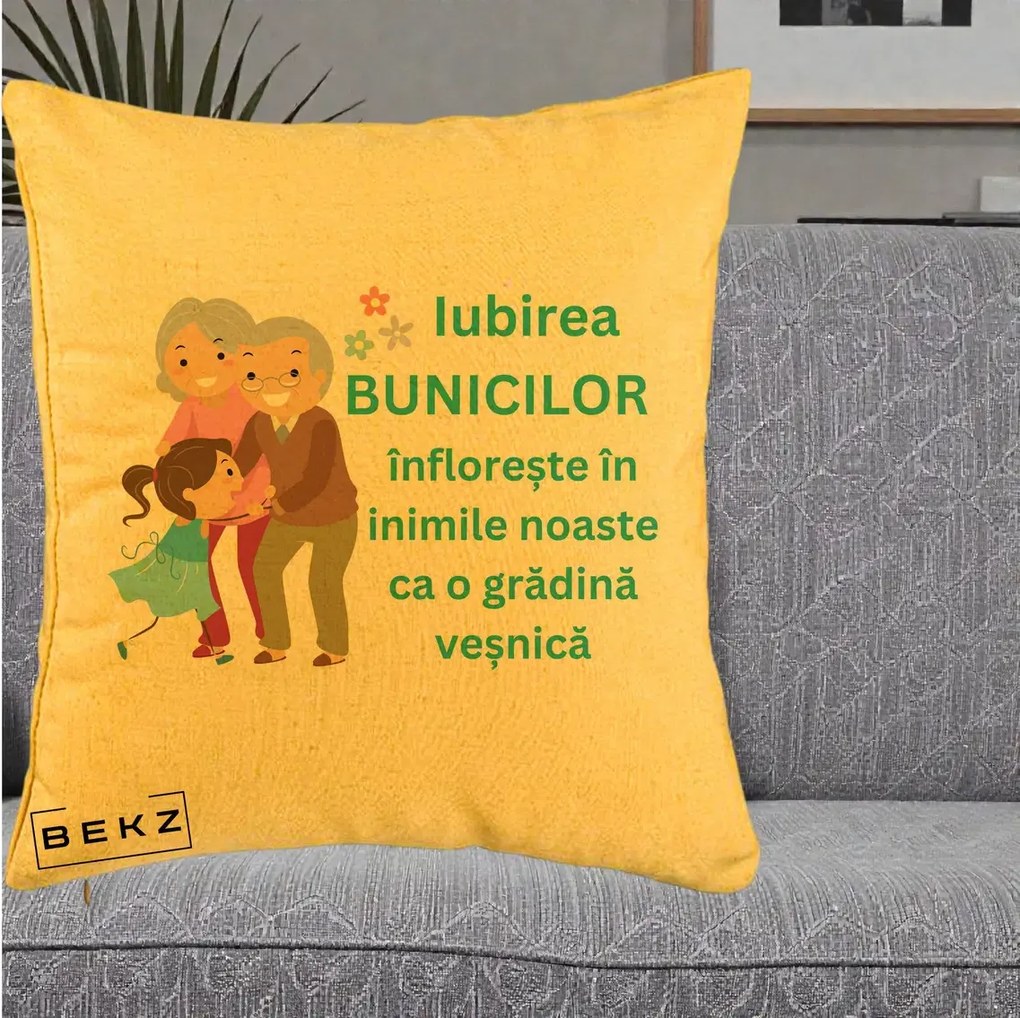 Perna personalizata bunici: Iubirea bunicilor infloreste, cu nepoata, 40x40 cm cu Umplutura, Galben, BEKZ