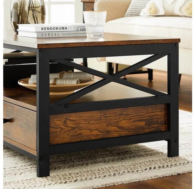 Masuta de cafea cu 2 sertare si raft, 100 x 55 x 47 cm, PAL melaminat / metal, maro, Vasagle