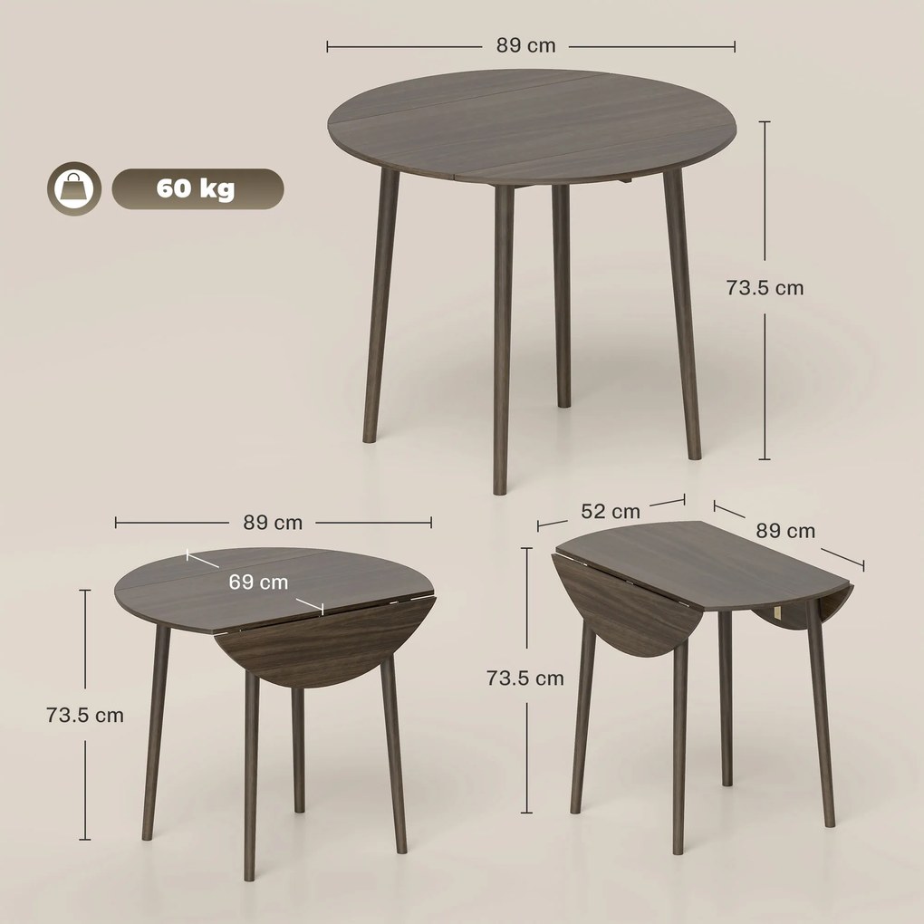 HOMCOM Masa de dining plianta 2 abatante, masa rotunda extensibila pentru 4 persoane, picioare din lemn Ø 89 x 73,5 cm, gri | Aosom Romania