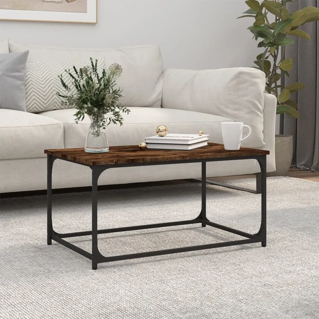 823294 vidaXL Măsuță cafea, stejar fumuriu 80x50x40 cm lemn prelucrat și fier