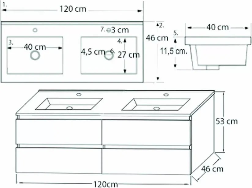 Dulap de bază Porto 120 cu lavoar rauna alb-ulm