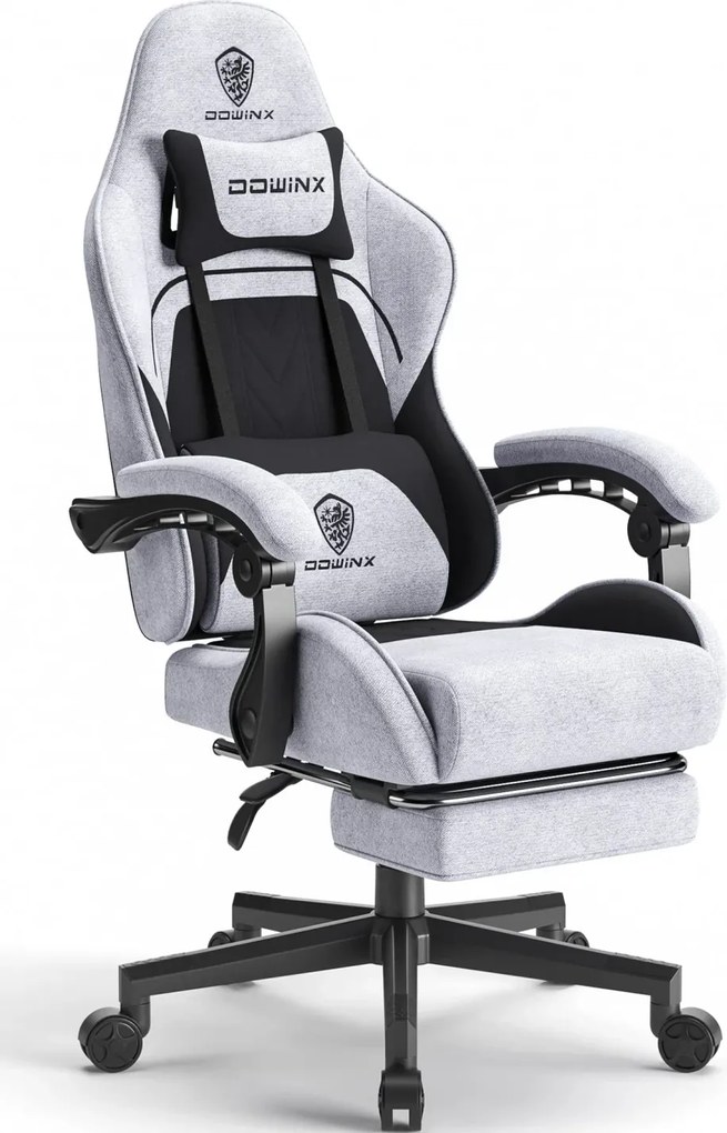 RESIGILAT- DOWINX 6658B - Scaun Gaming Ergonomic, Masaj in perna lombara, Șezut cu Arcuri Metalice și Spumă, Suport pentru picioare, Rabatabil 90°–135°, Rezistent 130 kg, Material textil, Negru/Gri