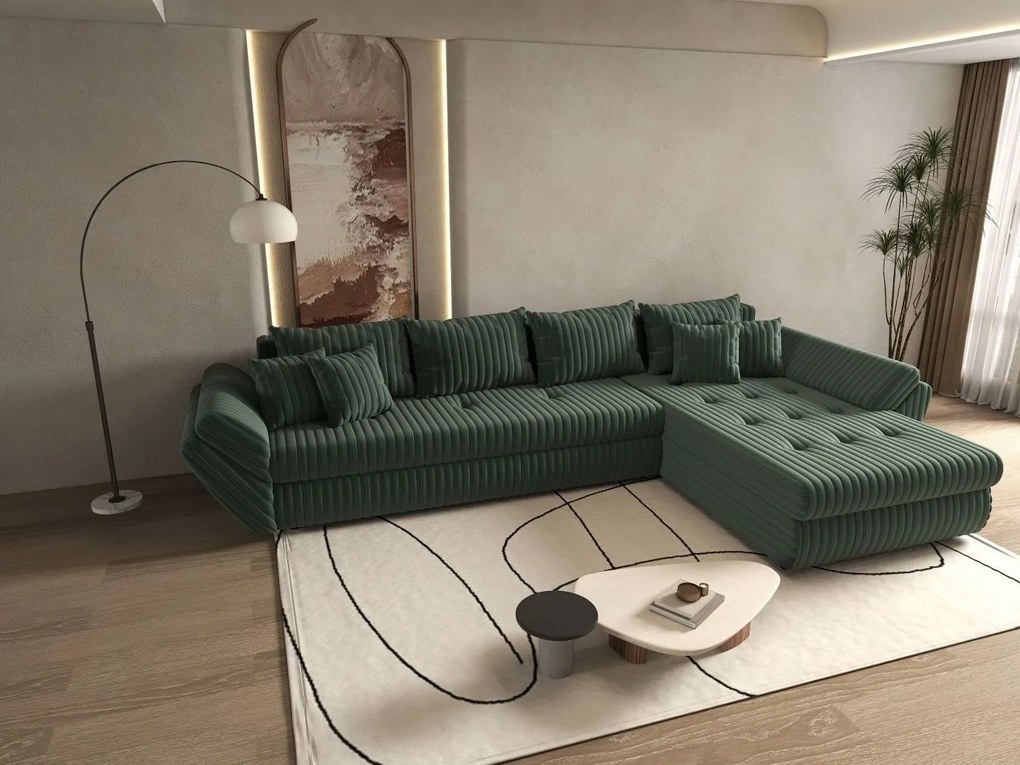 Colțar extensibil dumonde cu ladă de depozitare si sezut confortabil din spuma high-density, Loana XL Ambience Verde II 335x185 cm