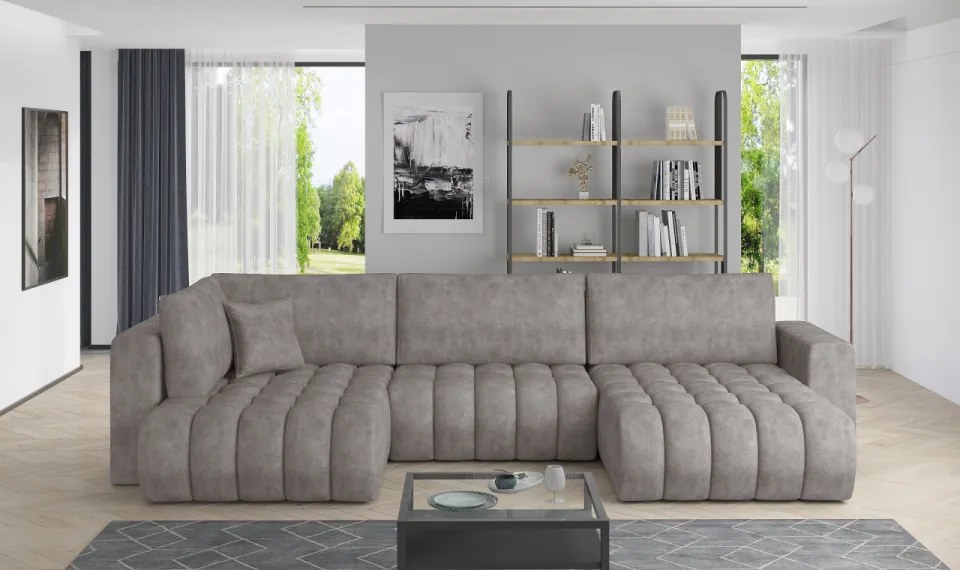 Canapea modulara tapitata, extensibila, cu spatiu pentru depozitare, 340x170x92 cm, Bonito R1, Eltap (Culoare: Gri inchis texturat - Flores 5)