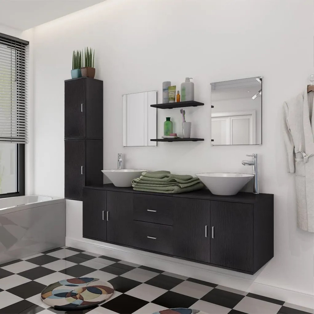 vidaXL Set mobilier baie 11 piese, chiuvete și robinete incluse, negru