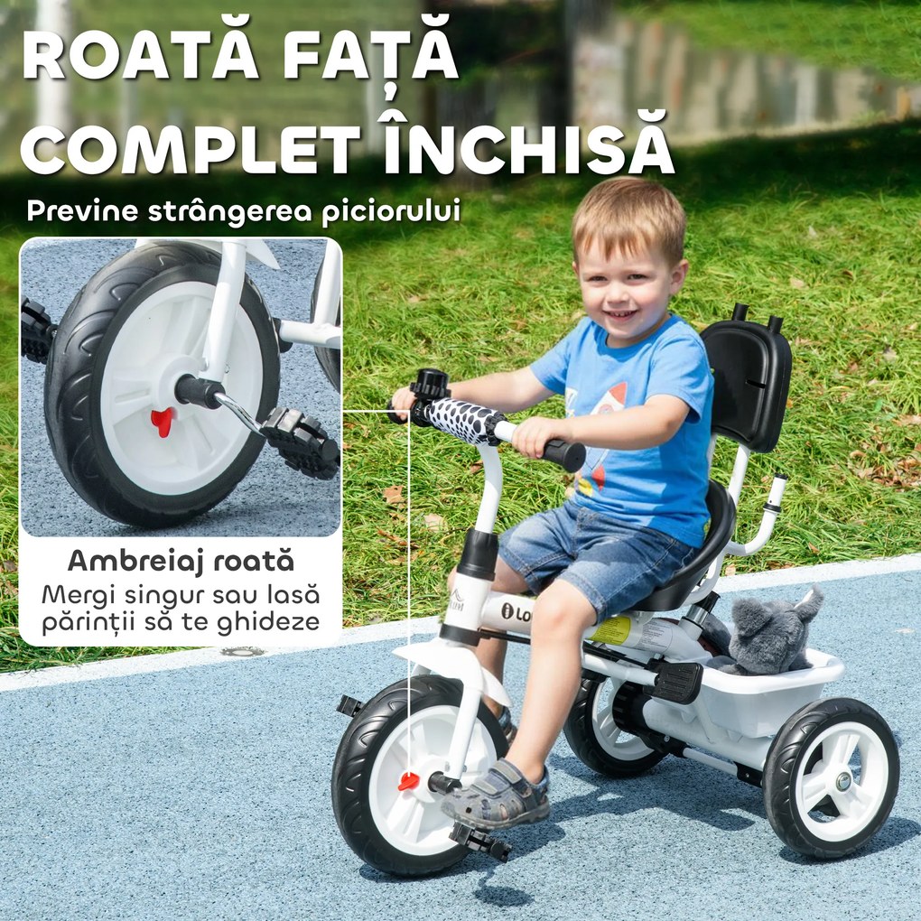 HOMCOM Triciclu pentru Copii cu Mâner de Împingere, Acoperiș Parasolar, Bară de Siguranță și Coș, 105x47x98 cm, Alb | Aosom Romania