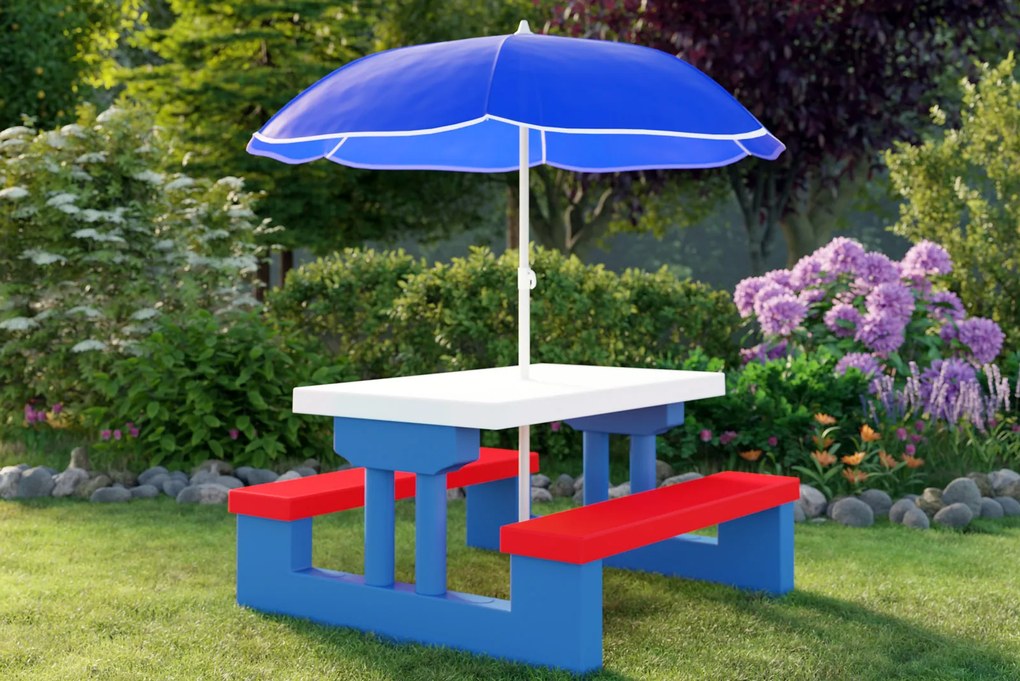 Set de șezut pentru copii cu umbrelă de soare JASMIN, 67x78,5x42,5cm, albastru/alb/roșu Spielwerk