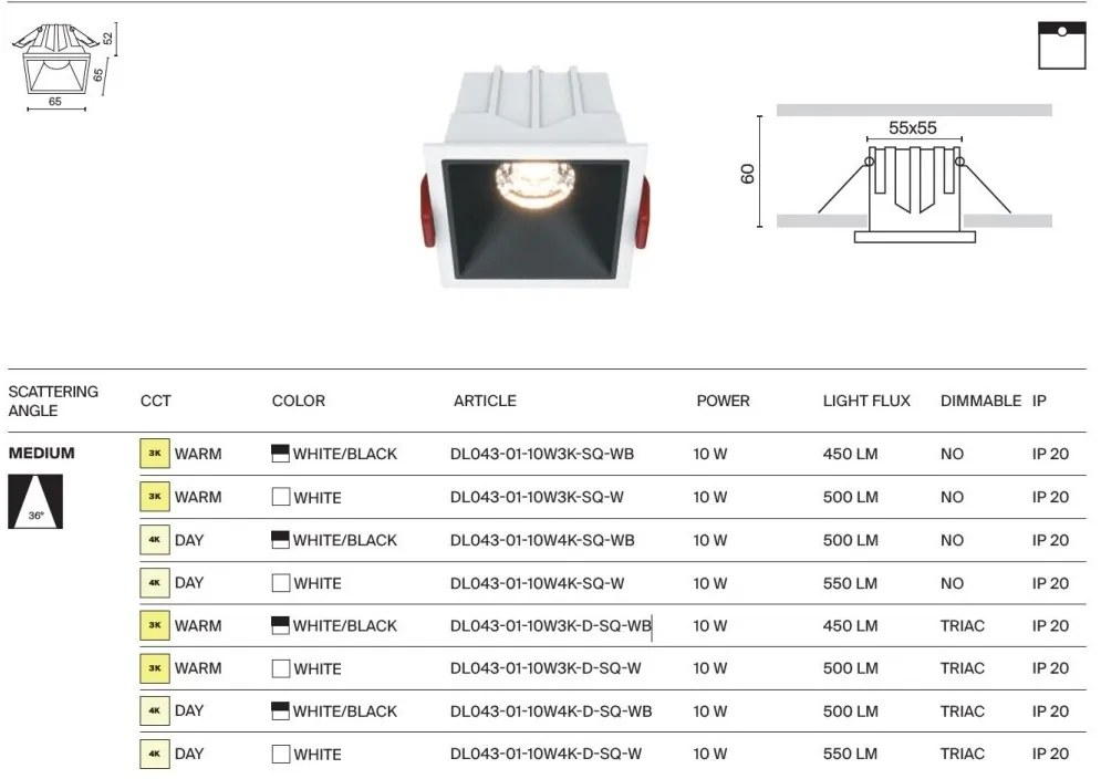 Spot LED incastrabil dimabil design tehnic Alpha alb, negru, 6,5x6,5cm, 3000K