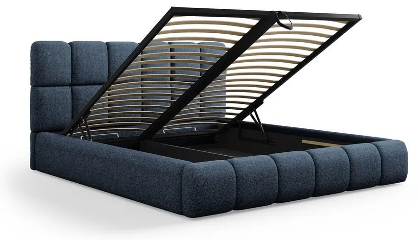 Pat matrimonial albastru închis tapițat cu spațiu de depozitare și somieră 160x200 cm Bellis – Micadoni Home