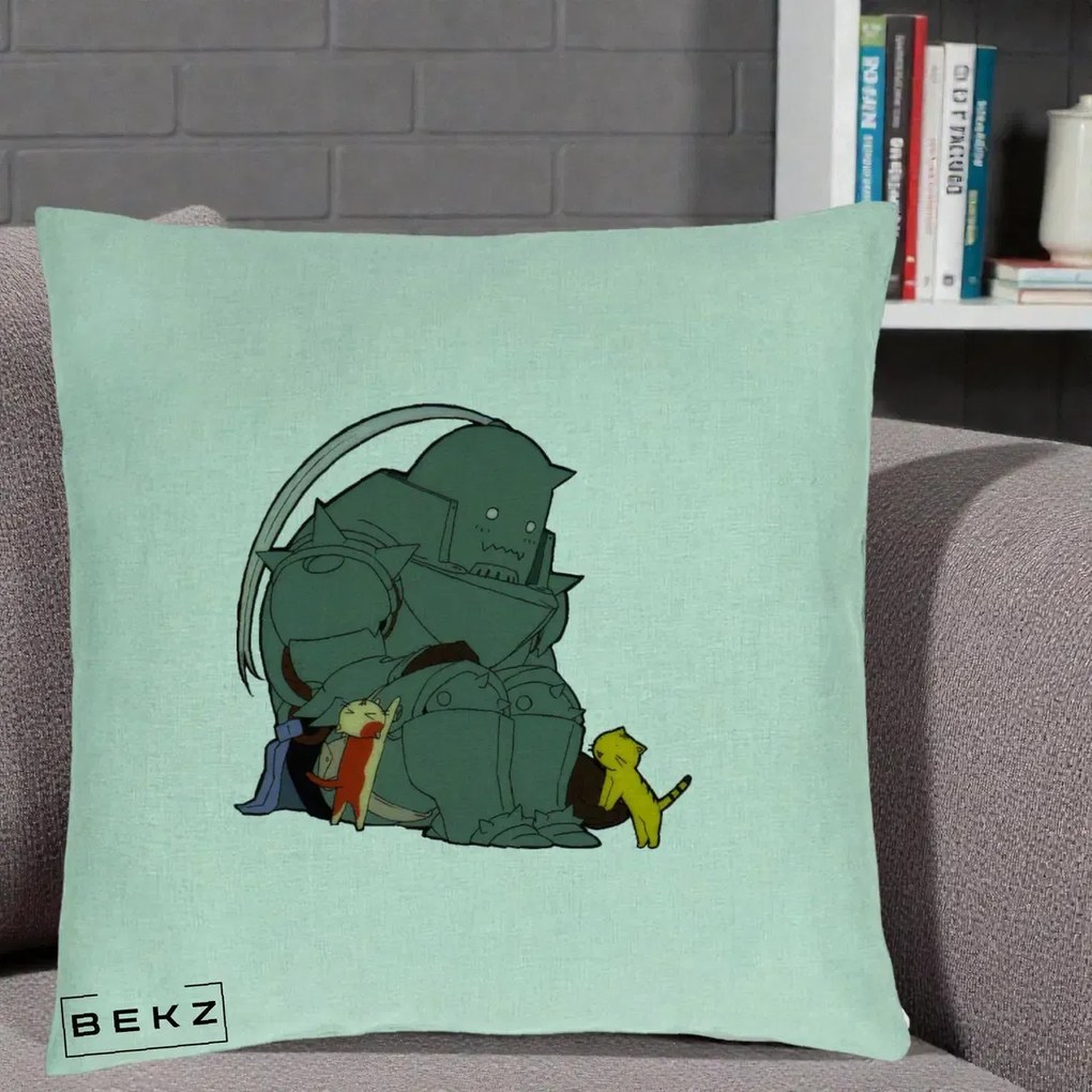 Perna Personalizata Fullmetal Alchemist Alphonse cu Pisici, 40x40 cm, Verde Menta, Husa Detasabila, Perna Inclusa, BEKZ®