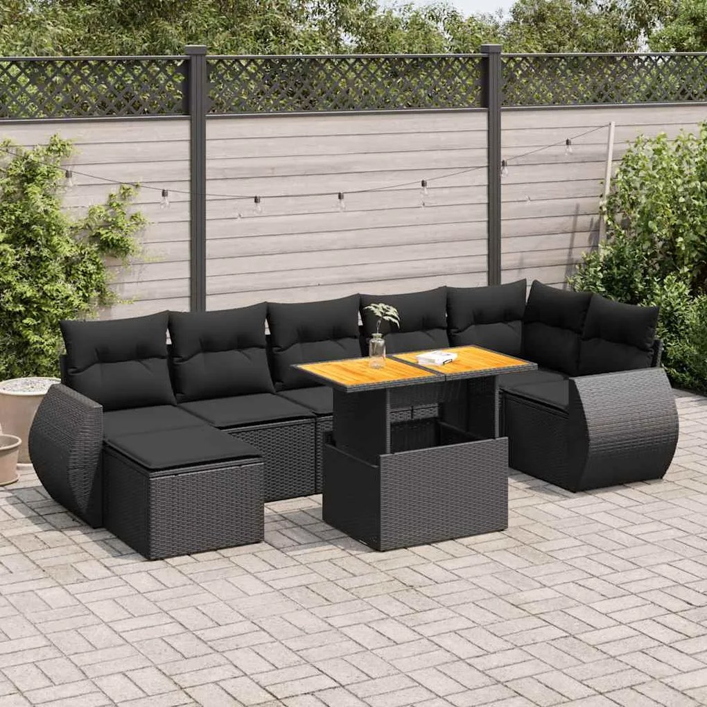 3327289 vidaXL Set mobilier de grădină cu perne, 8 piese, negru, poliratan