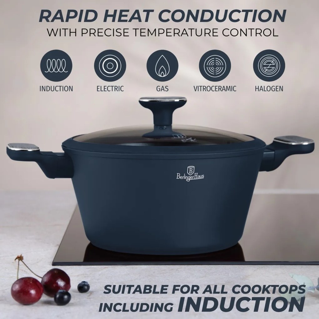 Set oale si tigai cu capace si ustensile 15 piese Deep Sea Berlinger Haus BH8382, albastru mat, antiaderente, compatibile inductie