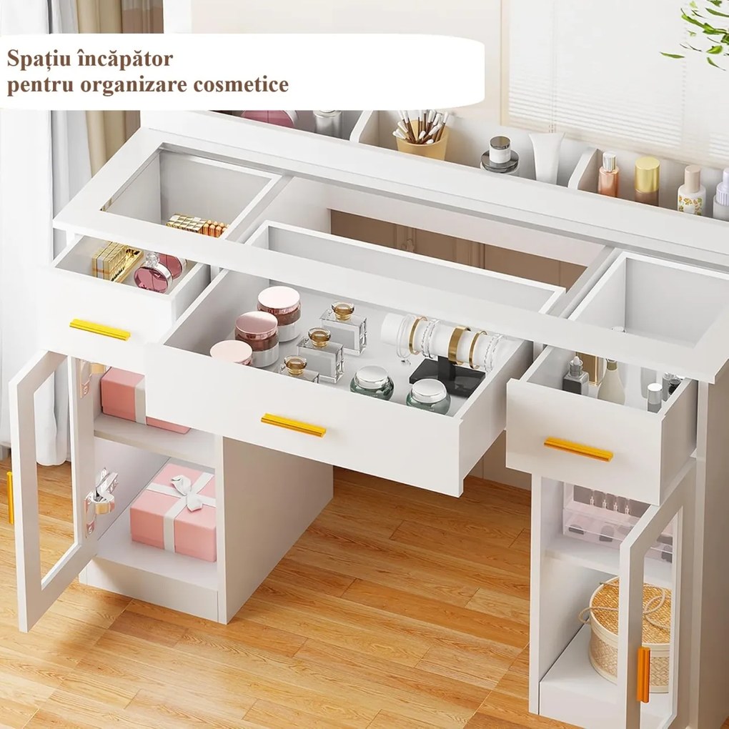 SEA2 - Set Masa toaleta 110 cm, Oglinda cu LED, Blat de Sticla, masuta vanity, make-up - Alb - Auriu