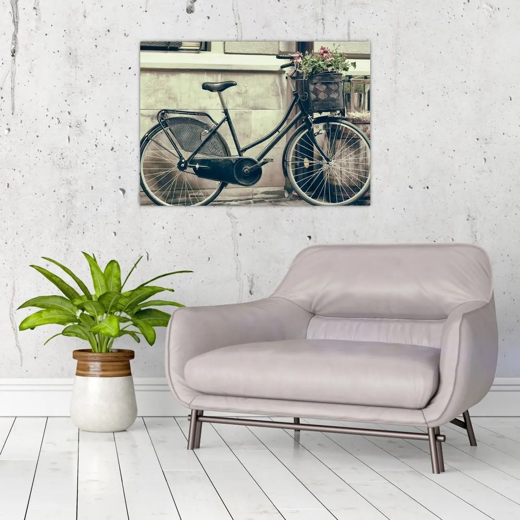 Tablou pe sticlă - Bicicleta de epocă cu flori (70x50 cm)