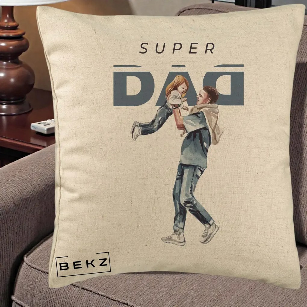 Cadou pentru Tata - Perna Personalizata Super DAD Tata si Fiica, 40x40 cm, Bej, Husa Detasabila, Perna Inclusa, BEKZ®