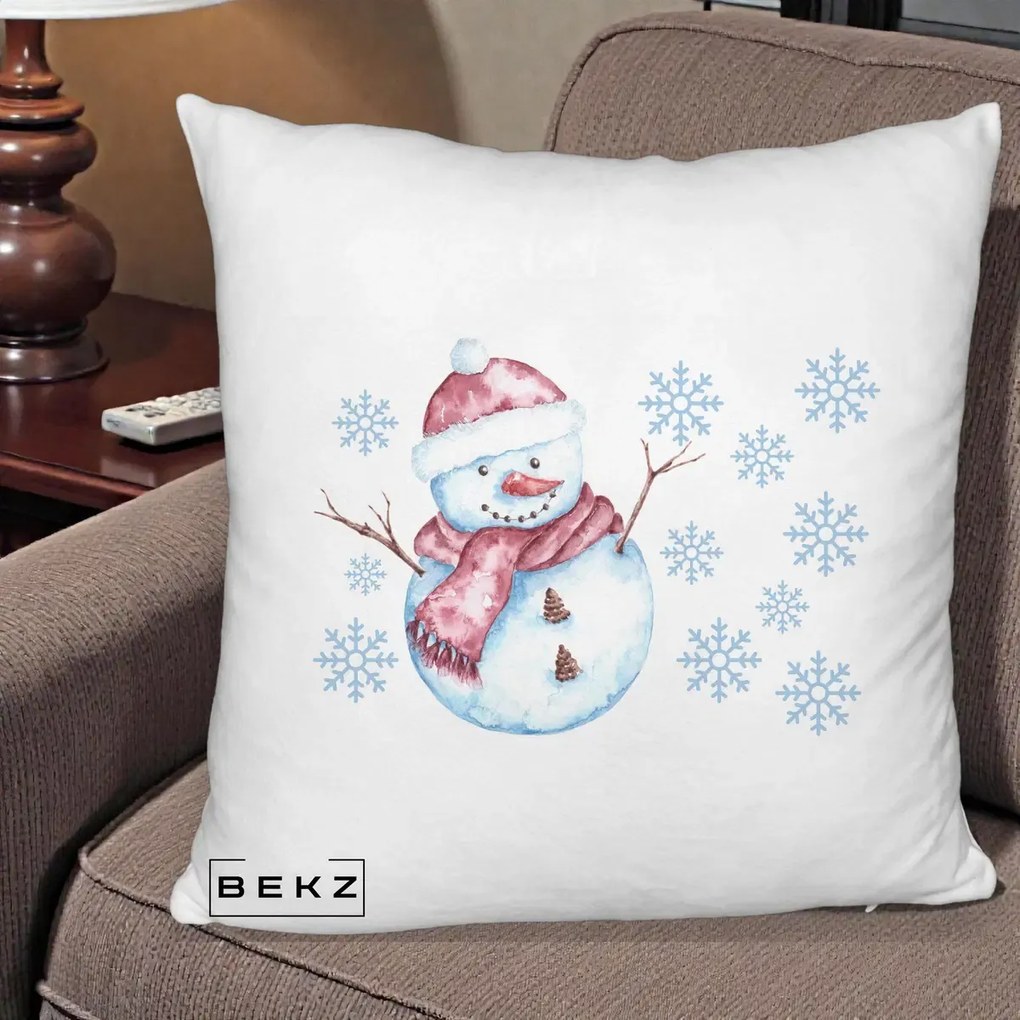 Perna Decorativa Om de Zapada Rosu cu Fulgi, 40x40 cm, Alb Pufos, Husa Detasabila, Perna Inclusa, BEKZ®