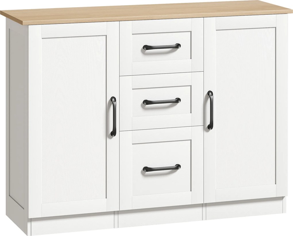 HOMCOM Bufet pentru living, mobilier de depozitare cu 2 uși cu închidere silențioasă și 3 sertare, 110x35x80,4cm, alb și lemn natural | Aosom Romania