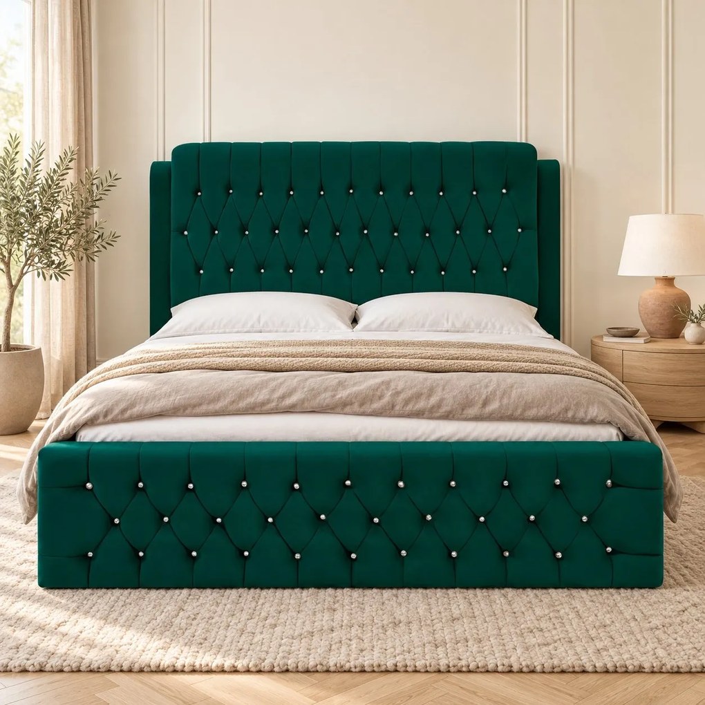 Pat tapițat Chesterfield din catifea Aveline Deluxe 140×200 cm, verde, cu ladă de depozitare