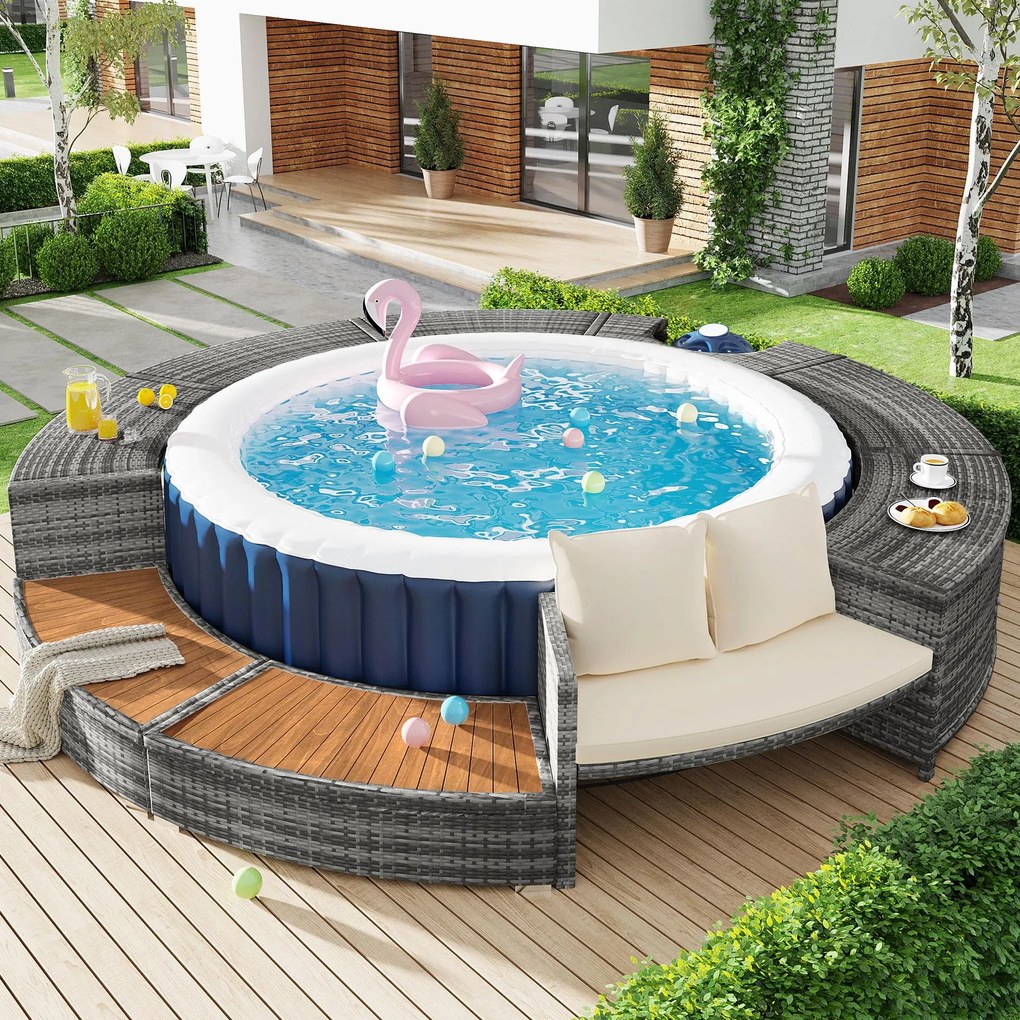 Set de lounge pentru grădină cu canapea rotundă, picioare ajustabile, include perne, pentru jacuzzi și piscină, Gri