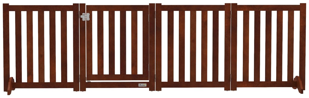 PawHut Barieră de siguranță câine pliabilă dublă față din lemn, 4 panouri cu ușă, picioare de suport, 205 x 60 cm, maro | Aosom Romania
