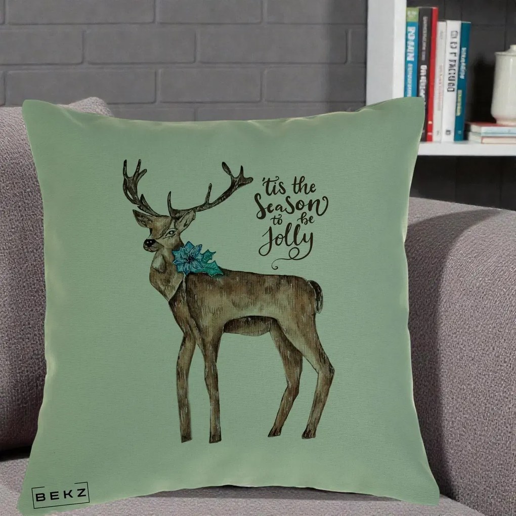 Perna Decorativa Ren Tis the Season to be Jolly, 40x40 cm, Verde, Husa Detasabila, Perna Inclusa, BEKZ®