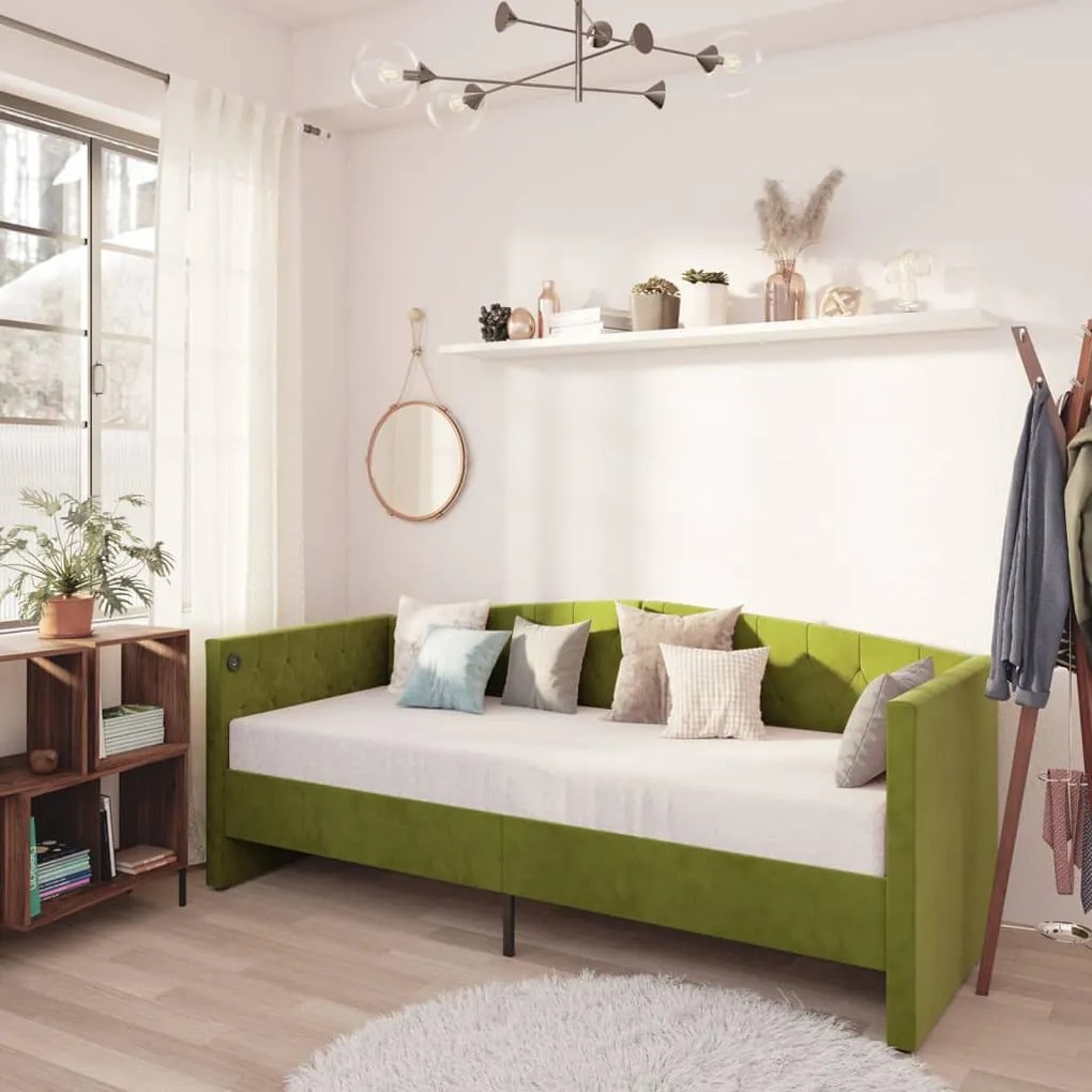 3080346 vidaXL Pat de zi cu saltea, verde deschis, 90x200 cm, catifea, USB
