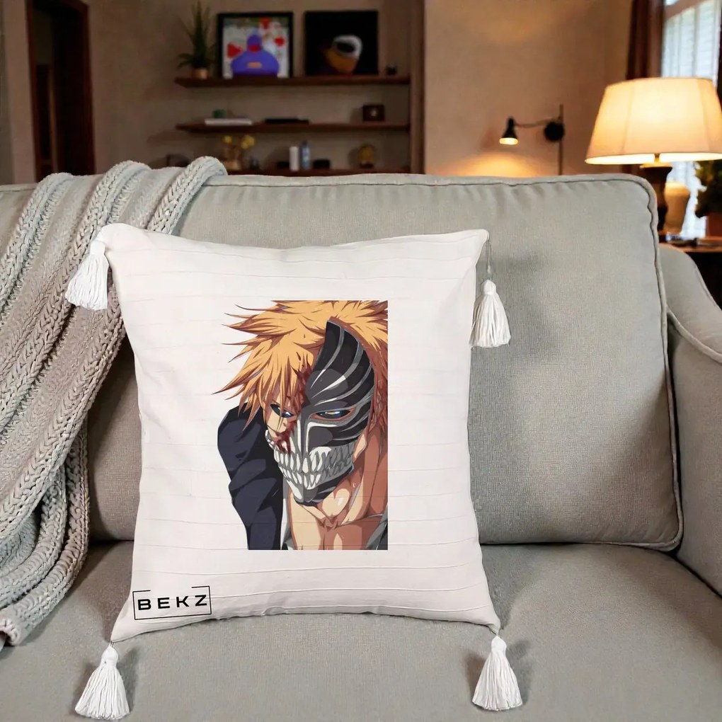 Perna Personalizata Bleach Ichigo Masca Hollow, 40x40 cm, Bej cu Franjuri, Husa Detasabila, Perna Inclusa, BEKZ®