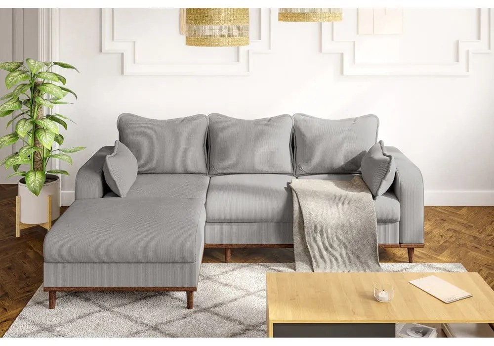 Colțar gri deschis cu tapițerie din catifea reiată (cu colț pe partea stângă ) Beata – Ropez