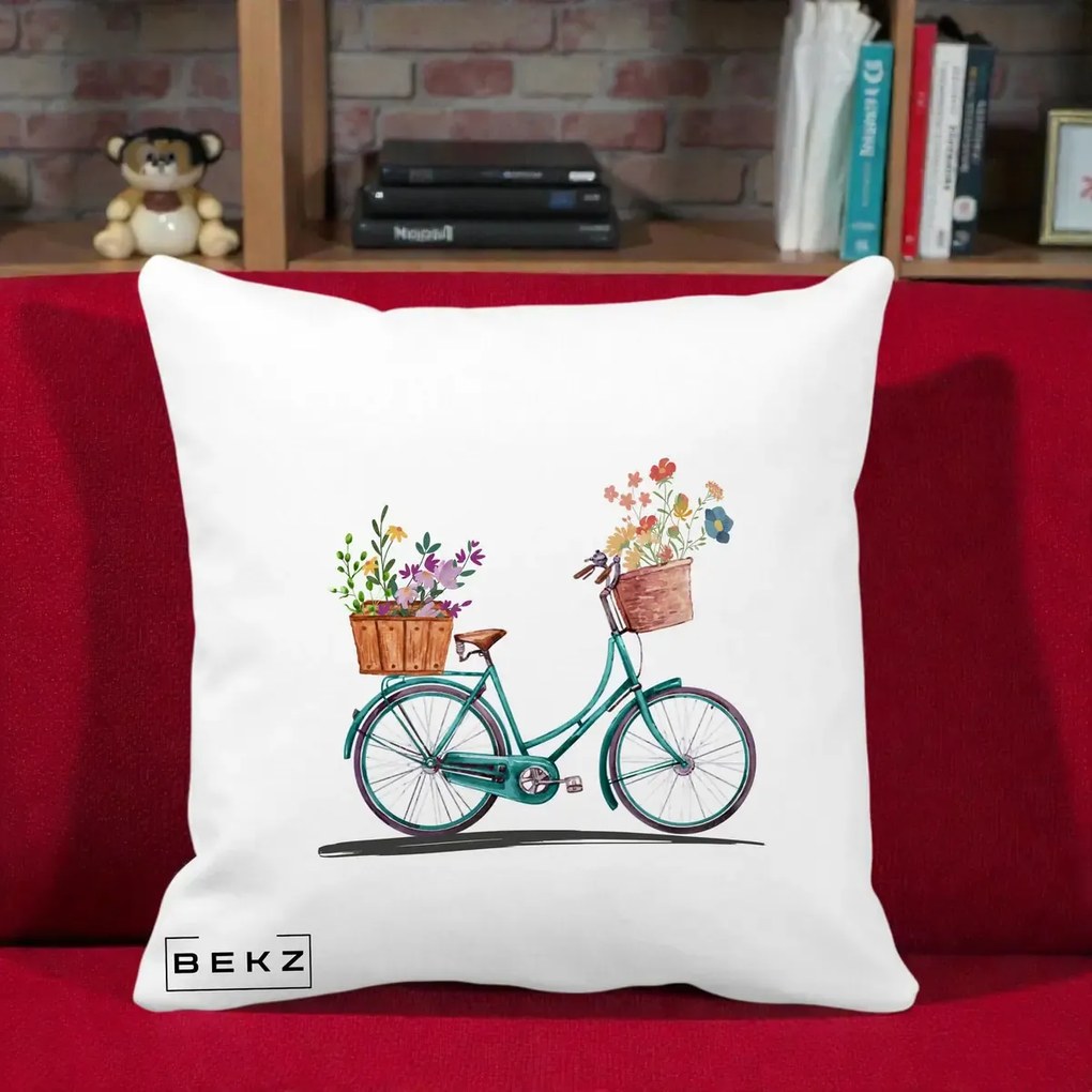 Perna Decorativa Bicicleta Florala Turcoaz Acuarela, 40x40 cm, Alba Mata, Husa Detasabila, Perna Inclusa, BEKZ®