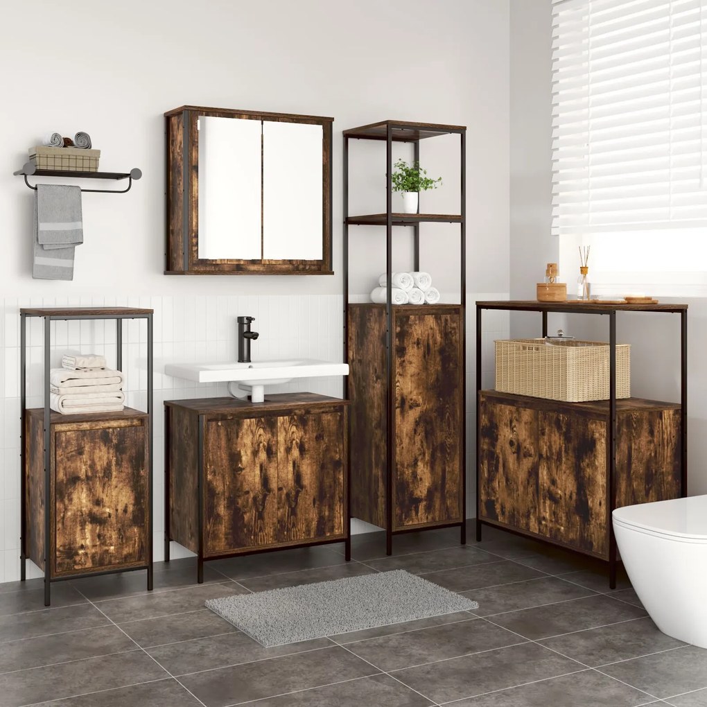 vidaXL Set de mobilier pentru baie din 5 piese din lemn tratat fumuriu