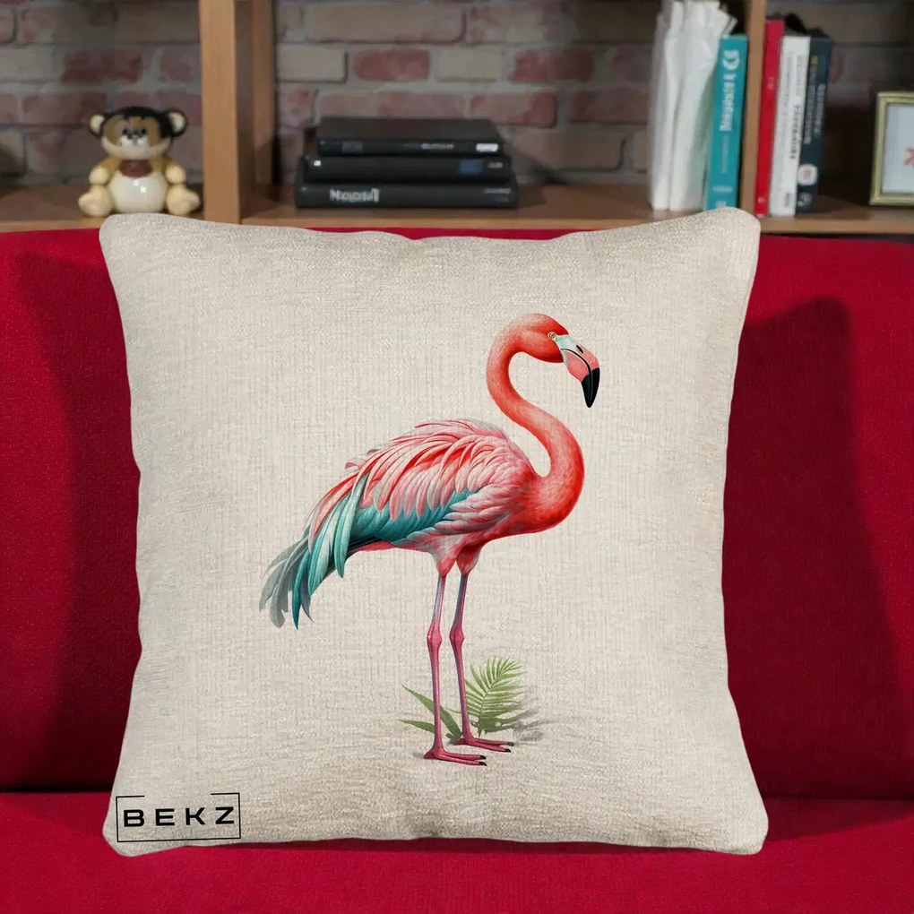 Perna Decorativa Flamingo Roz cu Pene Teal, 40x40 cm, Bej Canapea, Husa Detasabila, Perna Inclusa, BEKZ®