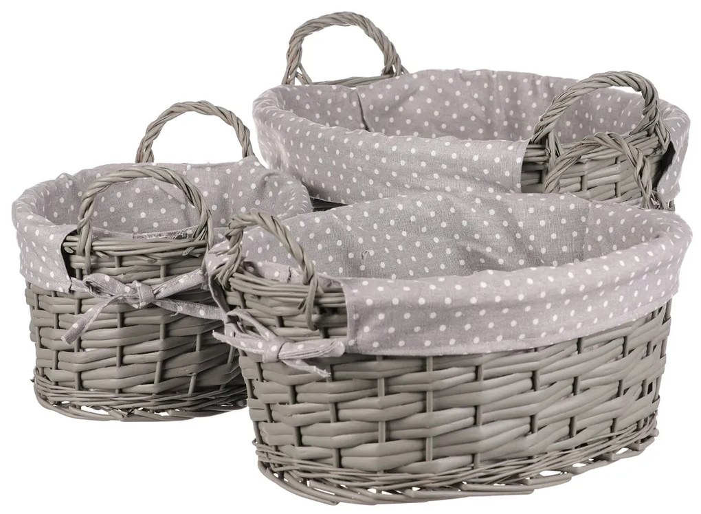 Set coșuri împletite cu țesătură Buline gri, 3 buc 3 dimensiuni, 39 x 22 x 31 cm