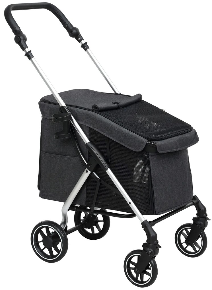 PawHut Cărucior pentru câini cu 4 roți, ușor și pliabil, pernă lavabilă, lesă de siguranță, ferestre multiple din plasă, gri | Aosom Romania