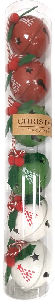 Set de 6 clopoței de Crăciun Comets, diametru 5cm, roșu-verde-alb, metal, diam. 5 cm