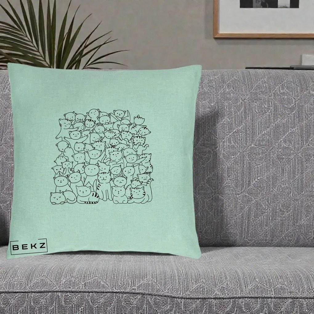 Perna Personalizata Many Cats Pattern Alb-Negru, 40x40 cm, Verde Menta, Husa Detasabila, Perna Inclusa, BEKZ®