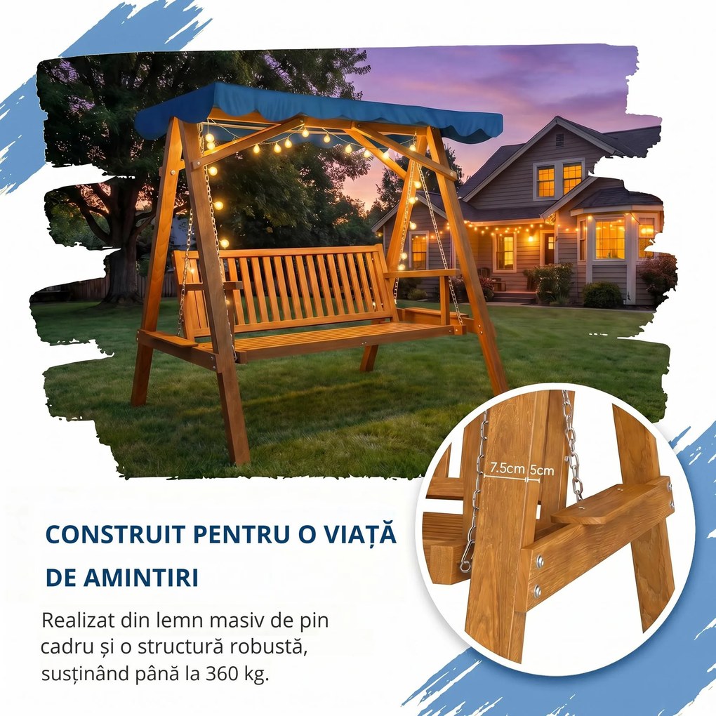 Outsunny Leagan Hollywood cu baldachin Parasolar, 3 locuri, de Gradina, banca Balansoar din Lemn | Aosom Romania