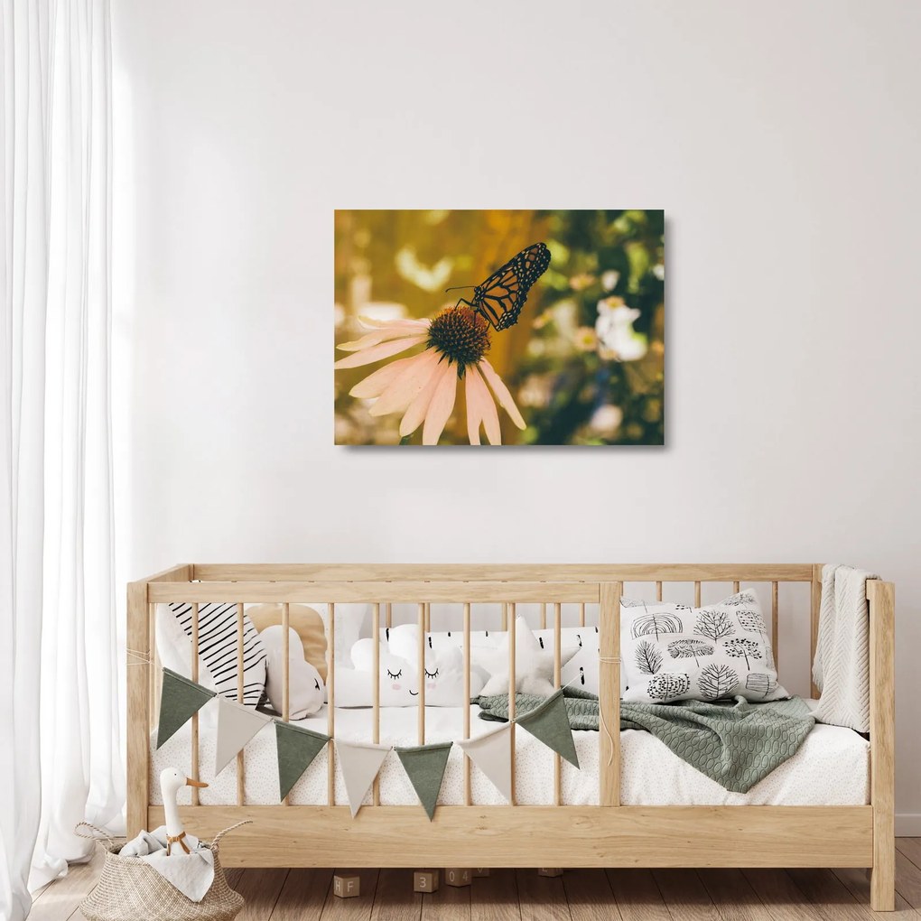 Tablou pe sticlă cu fluture pe floare (70x50 cm)