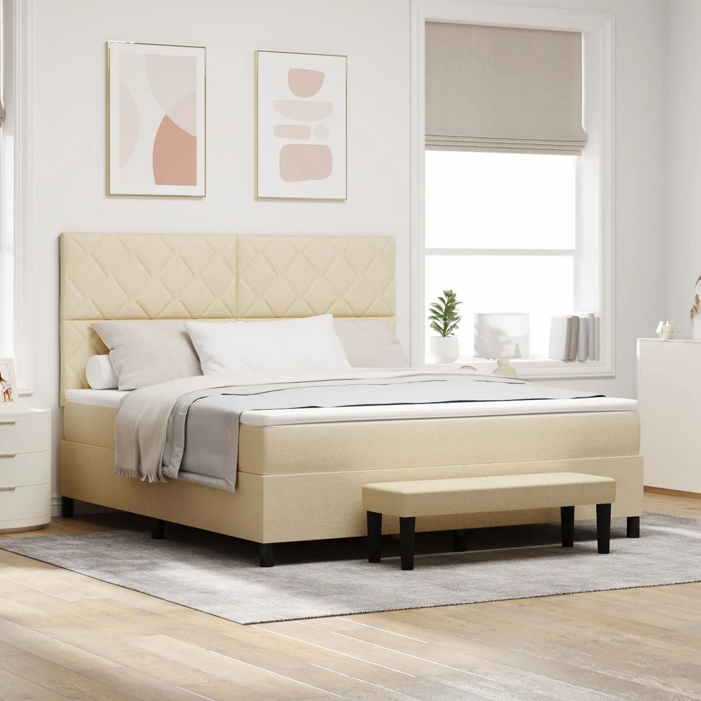 vidaXL Pat cu sistem box spring cu saltea și bancă crem 180x200 cm țesătură