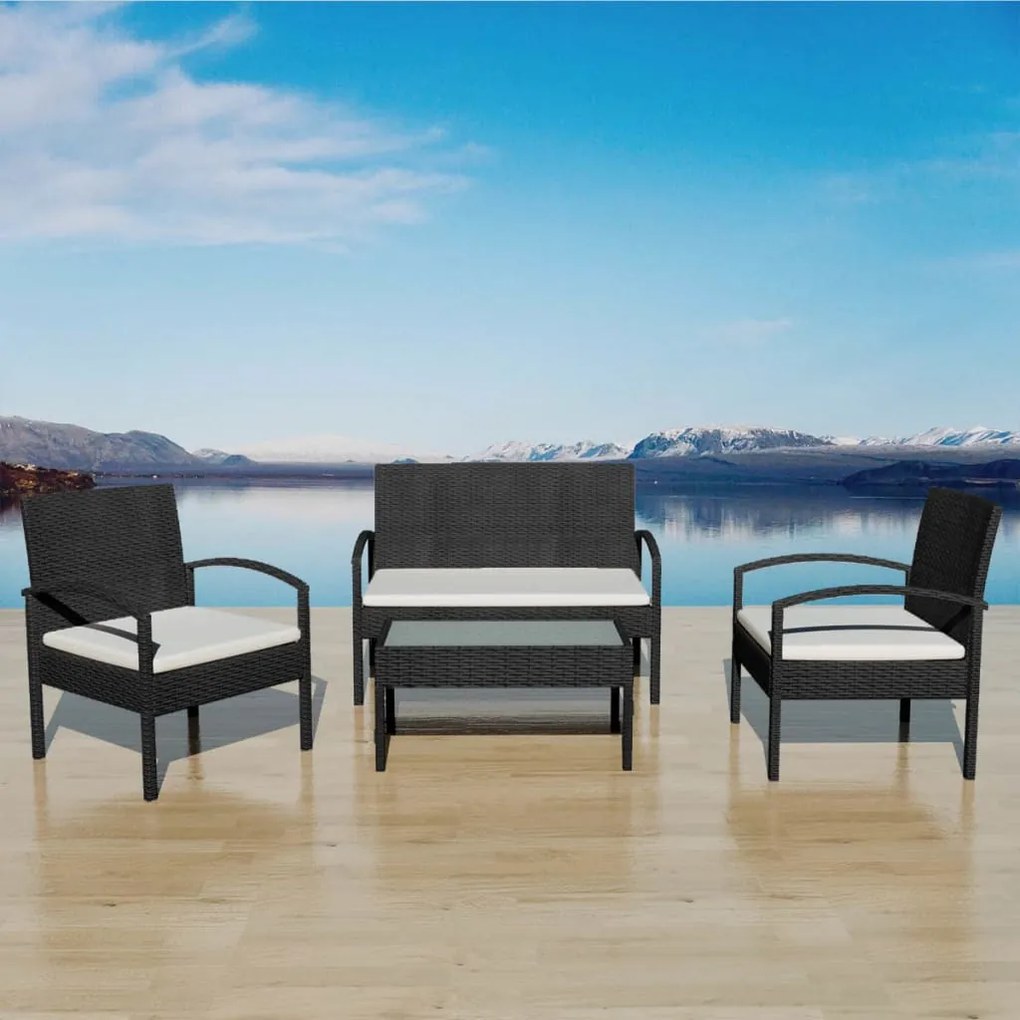 Set mobilier de gradina cu perne, 4 piese, negru, poliratan