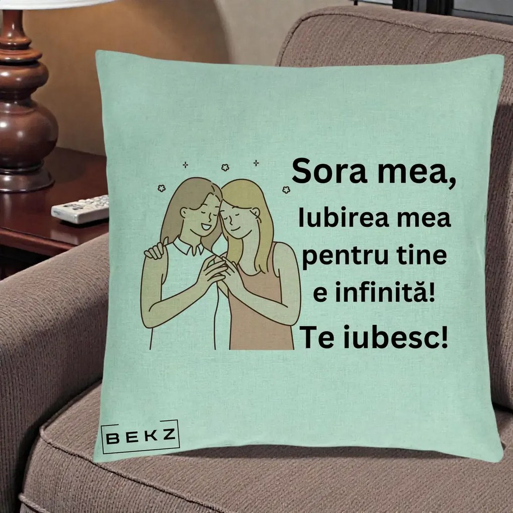 Cadou pentru Sora - Perna Personalizata Sora Mea Te Iubesc Imbratisare cu Sclipiri, 40x40 cm, Verde Menta, Husa Detasabila, Perna Inclusa, BEKZ®