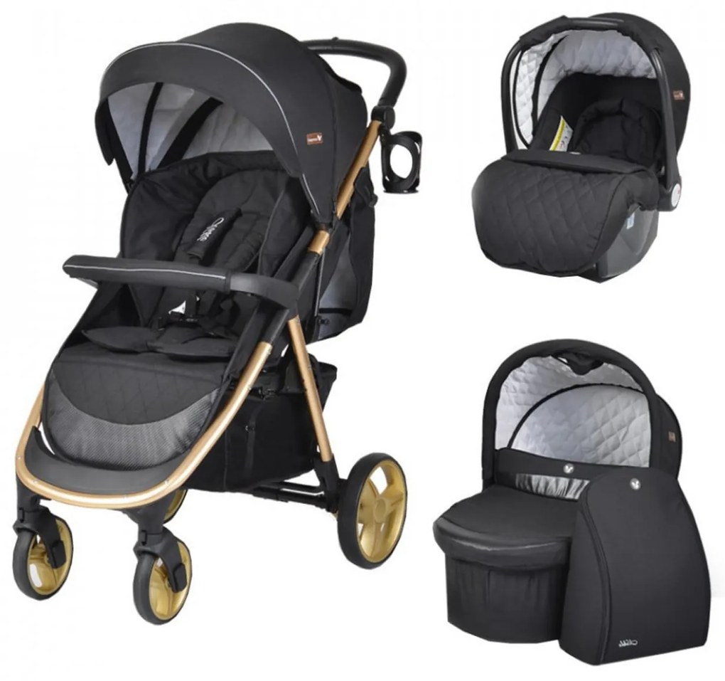 Carucior nou nascuti 3 in 1 NOVOKIDS™ Noble Deluxe, Cadru Aluminiu Gold , Amortizoare, Roti din cauciuc plin AVE, Landou, Scoica auto, Spatar