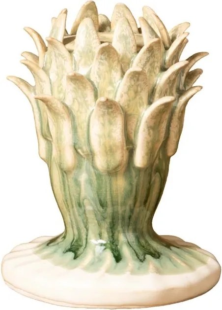 Sfeșnic din ceramică artizanală sculptat în formă de anghinare, natur-verde, finisaj patinat, 14,5×11 cm, „Nuance"