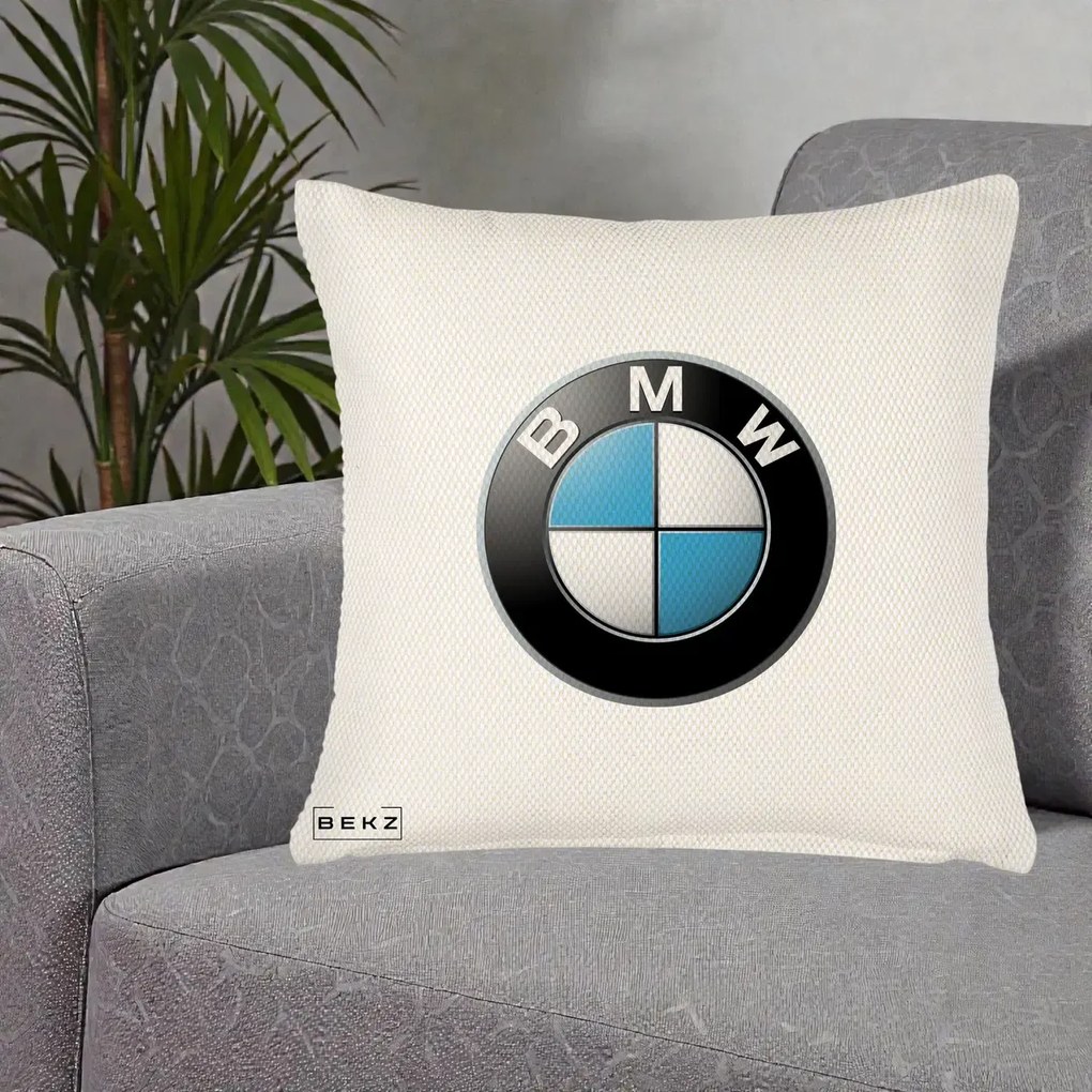 Perna Personalizata cu emblema BMW, 40x40 cm, Crem Reliefat, Husa Detasabila, Perna Inclusa, BEKZ®