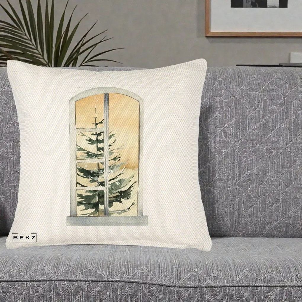 Perna Decorativa Fereastra cu Brad de Iarna, 40x40 cm, Crem Reliefat, Husa Detasabila, Perna Inclusa, BEKZ®