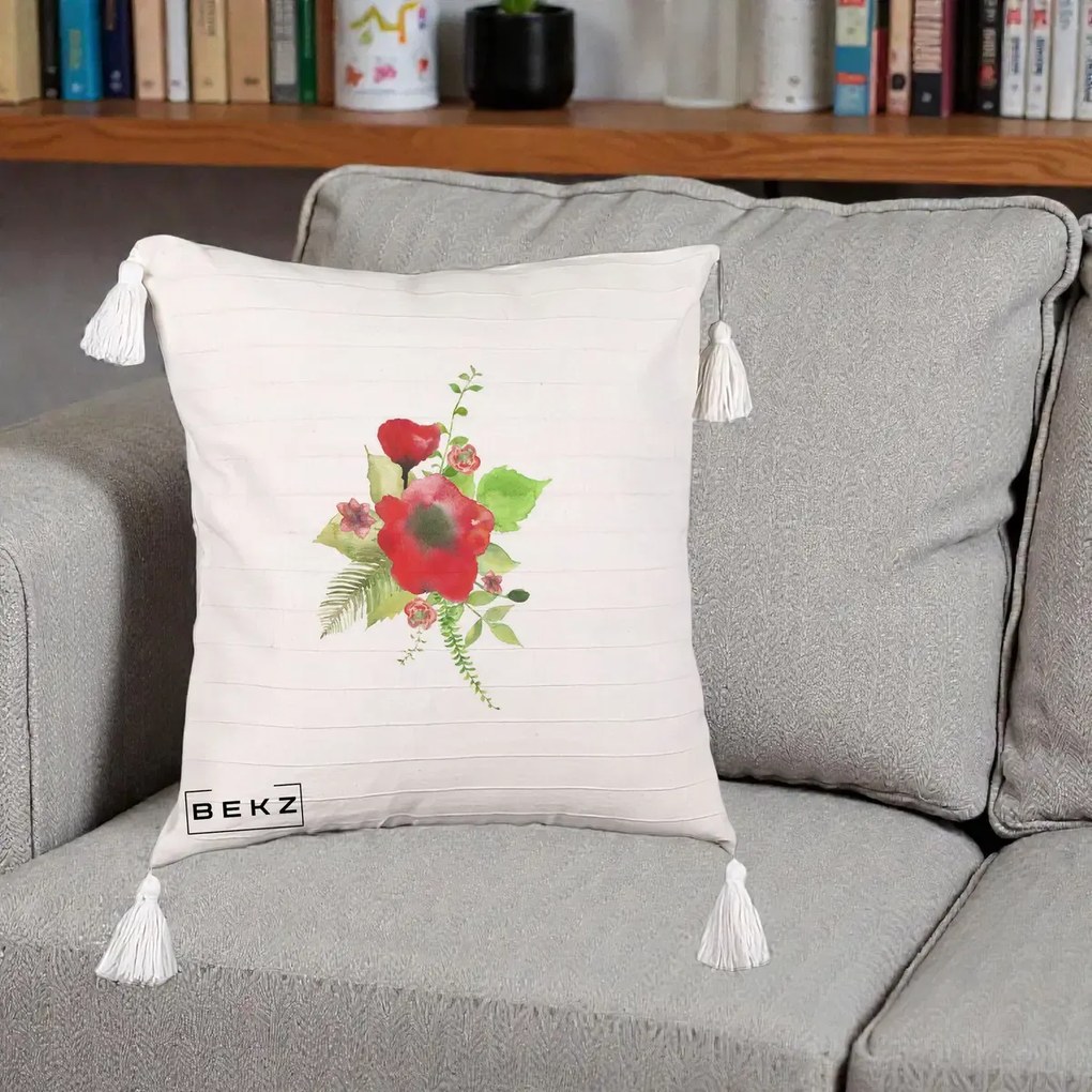Perna Decorativa Buchet Rosu Acuarela, 40x40 cm, Bej cu Franjuri, Husa Detasabila, Perna Inclusa, BEKZ®